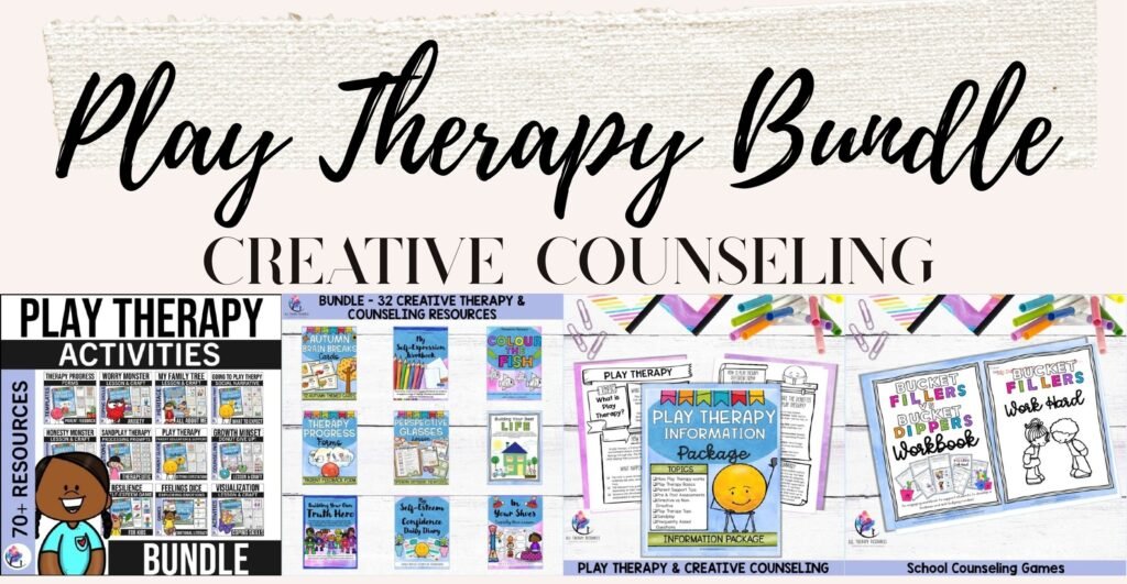 Play Therapy and Creative Counseling Activities Bundle cover and sample sandplay, story and craft pages