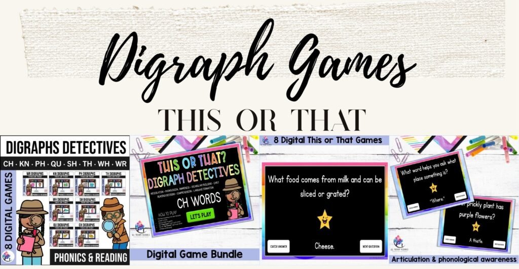 Digraphs Digital Games Bundle cover with sample This or That PowerPoint slides for CH, SH, TH and other digraphs