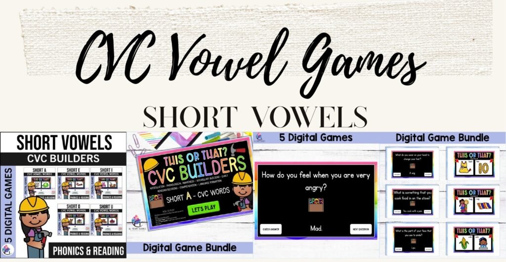 Short Vowels CVC Digital Games Bundle cover with sample This or That slides comparing short vowel CVC words