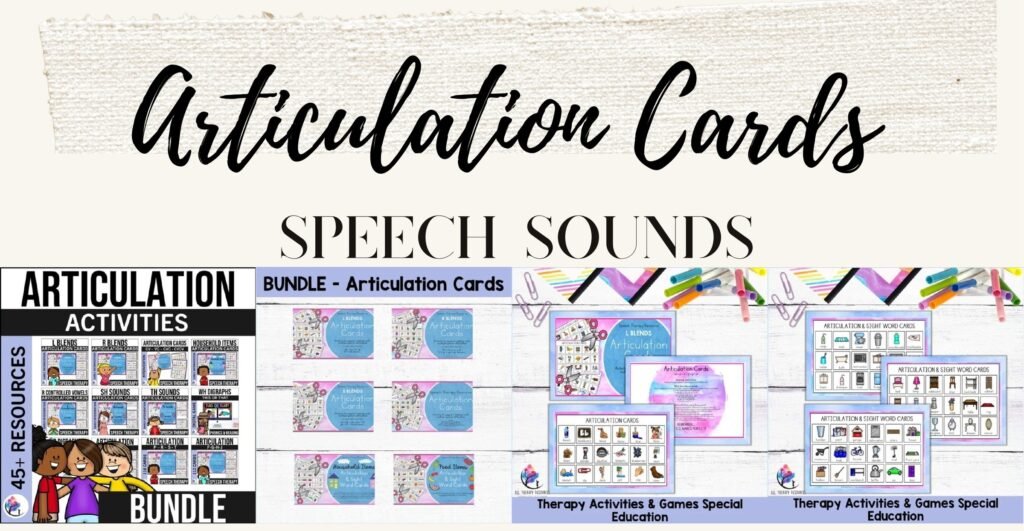 Articulation Cards Bundle cover with sample picture cards for CVC words, blends and individual speech sounds