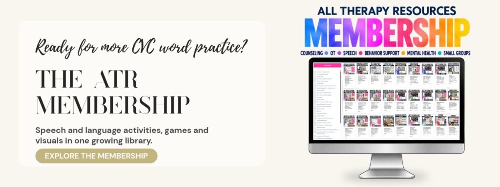All Therapy Resources Membership: a computer screen showing a growing library of speech and language activities, games and visuals