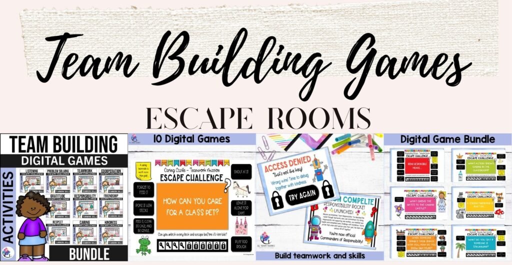 Team Building Digital Escape Rooms Bundle cover and sample digital game slides