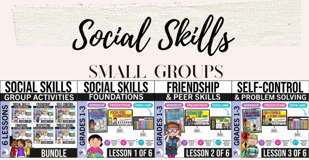 Social Skills Activities, Games and Worksheets bundle cover and sample lesson pages