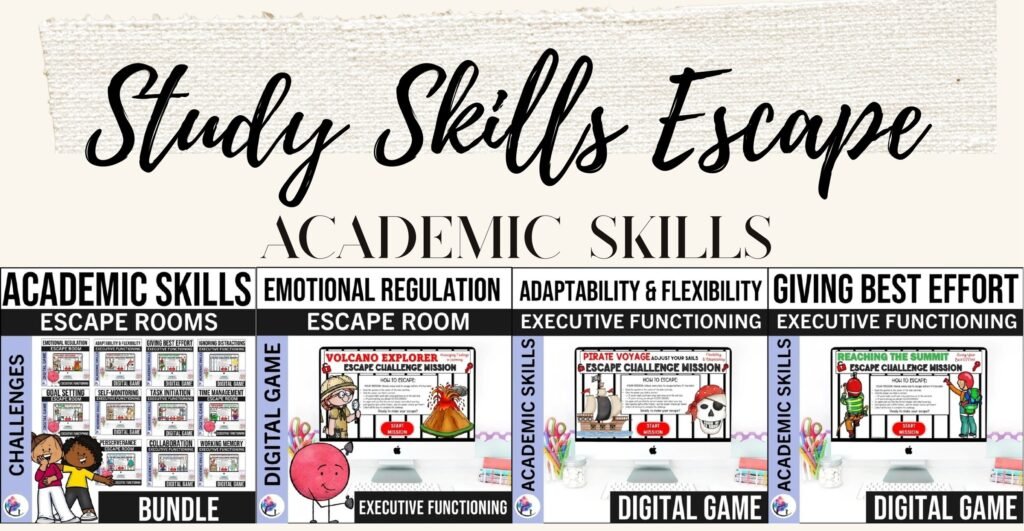 Academic Skills and Middle School Study Skills digital escape rooms bundle cover and sample game slides