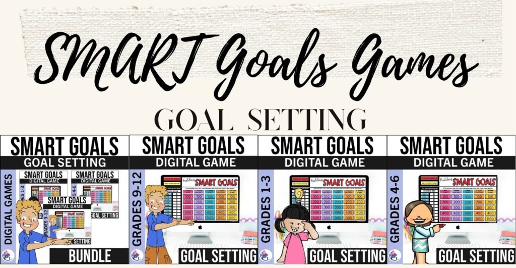 SMART Goals digital game bundle cover and sample slides for Grades 1-3, 4-8 and 9-12