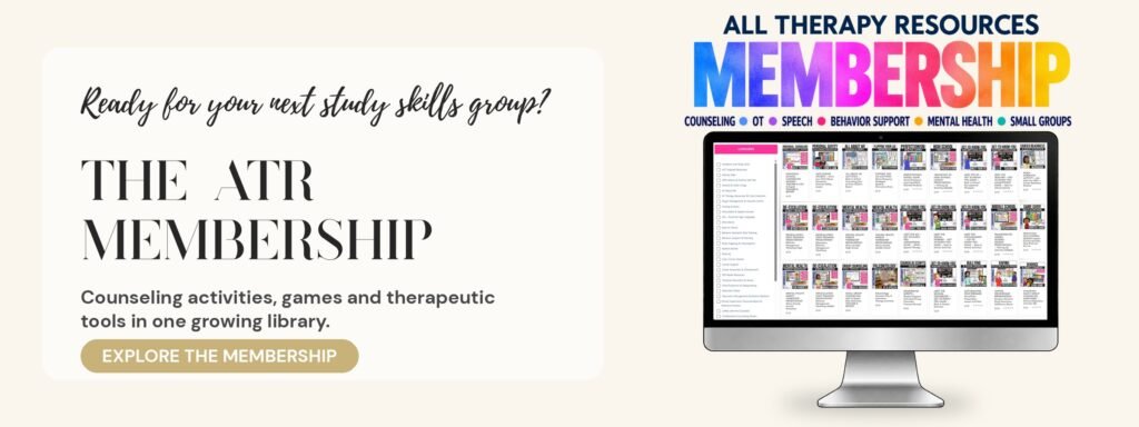All Therapy Resources Membership: a computer screen showing a growing library of counseling activities, games and therapeutic tools