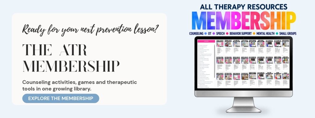 All Therapy Resources Membership: a computer screen showing a growing library of counseling activities, games and therapeutic tools
