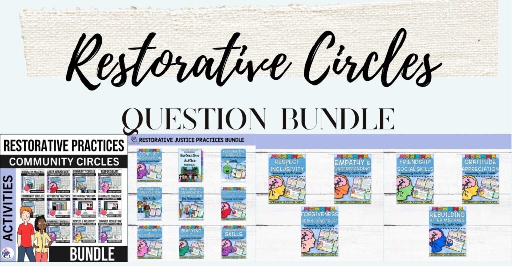 Restorative Practices Questions Bundle cover with community circle question cards and reflection sheet