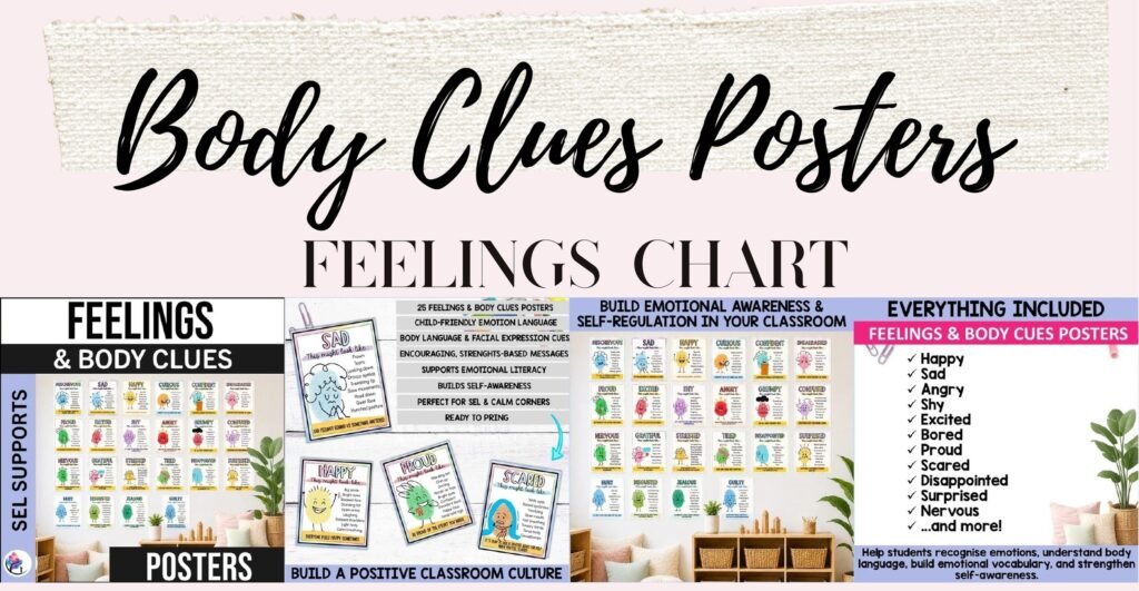 Feelings and Body Clues pastel posters showing emotions with facial expressions and body sensations