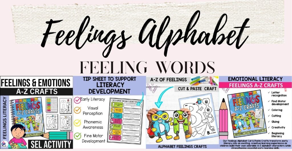 Feelings Alphabet A–Z Crafts cover and sample feelings character craft pages