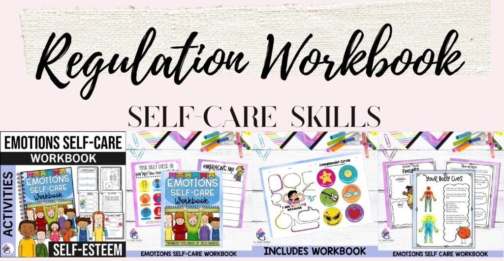 Emotional Regulation Self-Care Workbook cover and sample worksheet pages