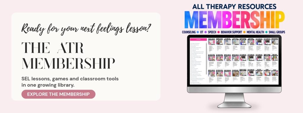 All Therapy Resources Membership: a computer screen showing a growing library of SEL lessons, games and classroom tools