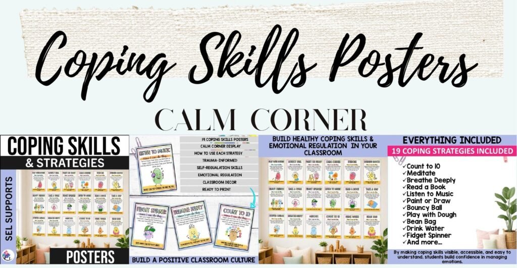 Coping Skills Strategies Posters in pastel watercolor, cover and sample posters