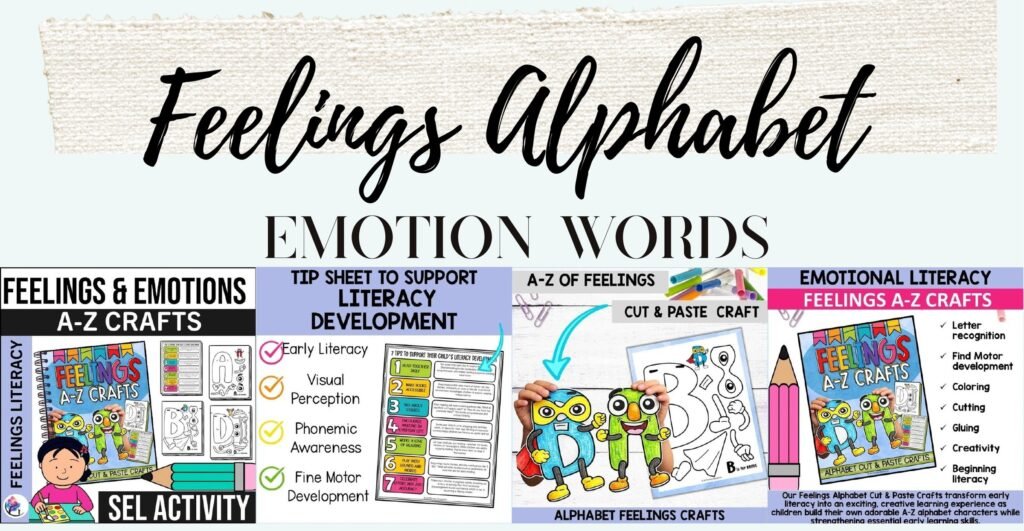 Feelings Alphabet A to Z cut and paste crafts cover and sample feelings characters
