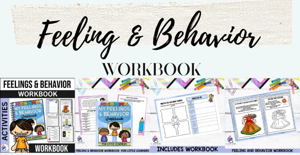 Feeling and Behavior Workbook cover and sample worksheet pages
