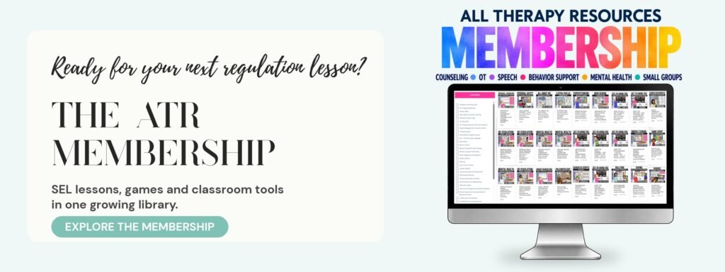 All Therapy Resources Membership: a computer screen showing a growing library of SEL lessons, games and classroom tools