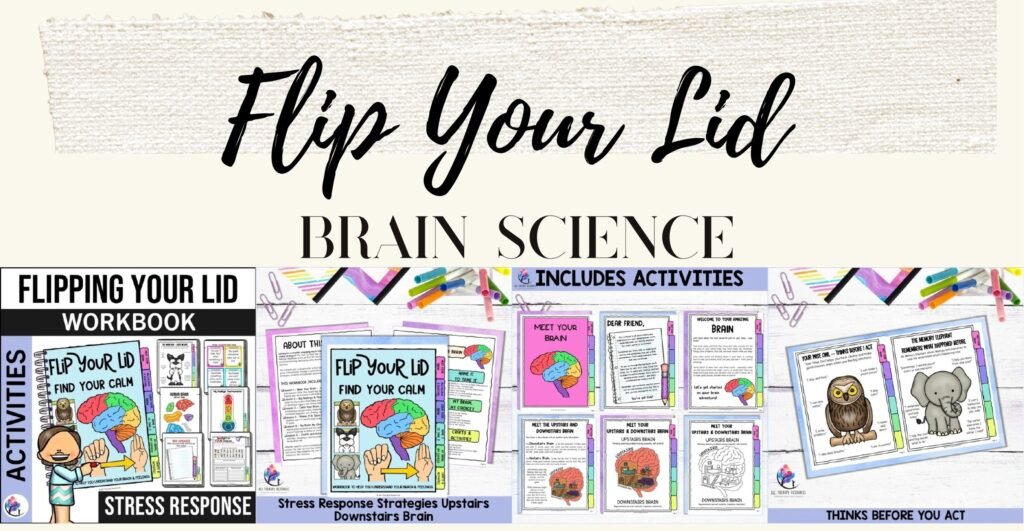 Flip Your Lid, Find Your Calm workbook cover and sample upstairs and downstairs brain pages