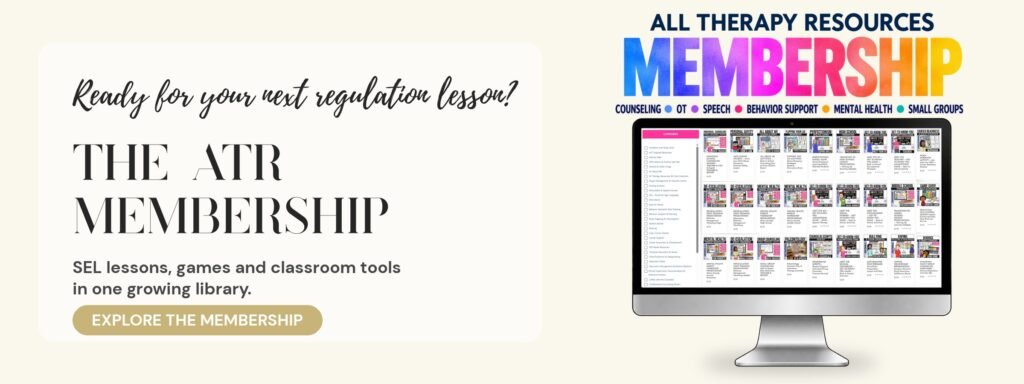 All Therapy Resources Membership: a computer screen showing a growing library of SEL lessons, games and classroom tools