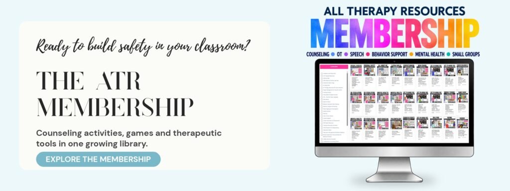 All Therapy Resources Membership: a computer screen showing a growing library of counseling activities, games and therapeutic tools