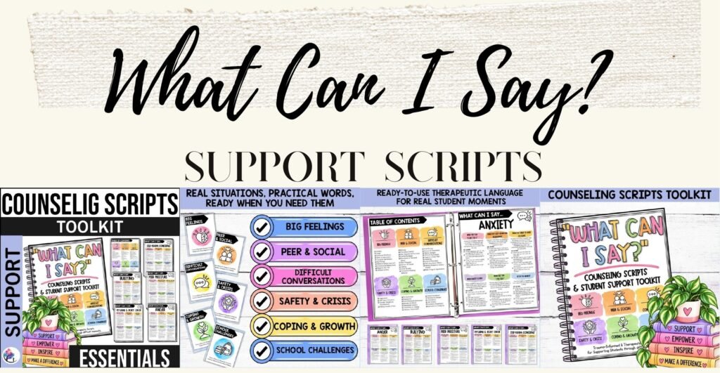 What Can I Say? trauma-informed counseling scripts toolkit cover and sample script pages