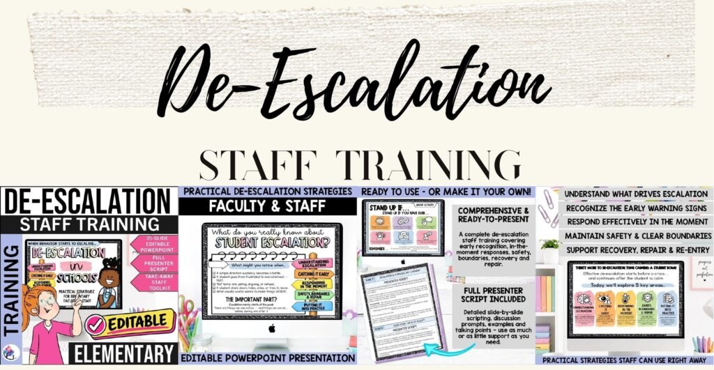 Elementary de-escalation staff training presentation cover and sample slides