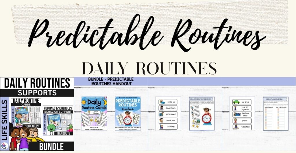 Predictable Routines handout and daily routine cards bundle cover and sample visual routine cards