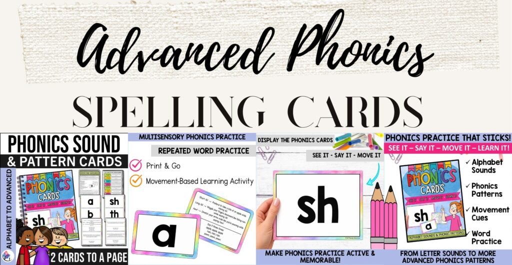 ADVANCED PHONICS & SPELLING CARDS from All Therapy Resources: cover and three preview pages