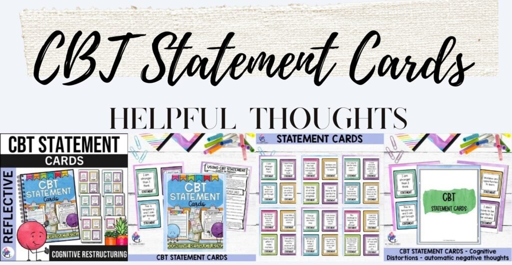 CBT Statement Cards cover and sample thought statement cards for reframing unhelpful thoughts