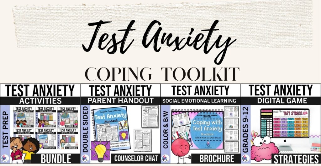 Test Anxiety Bundle cover with sorting activity, student brochure, parent handout and digital game previews