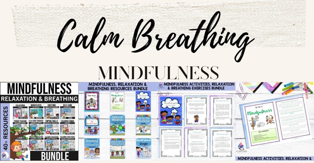 Mindfulness, relaxation and breathing bundle cover with calming strategy cards and coloring sheets