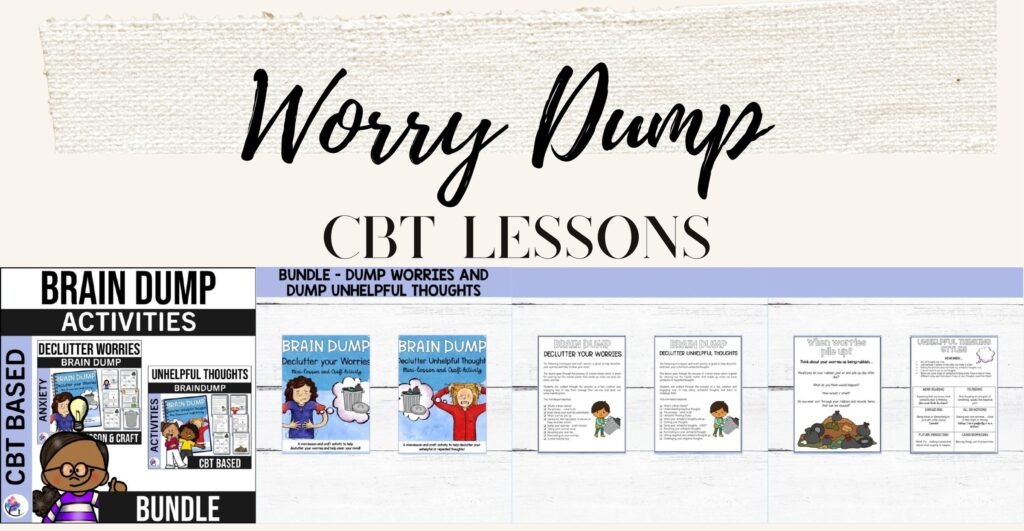 Dump Worries and Dump Unhelpful Thoughts bundle cover and sample creative therapy lesson pages