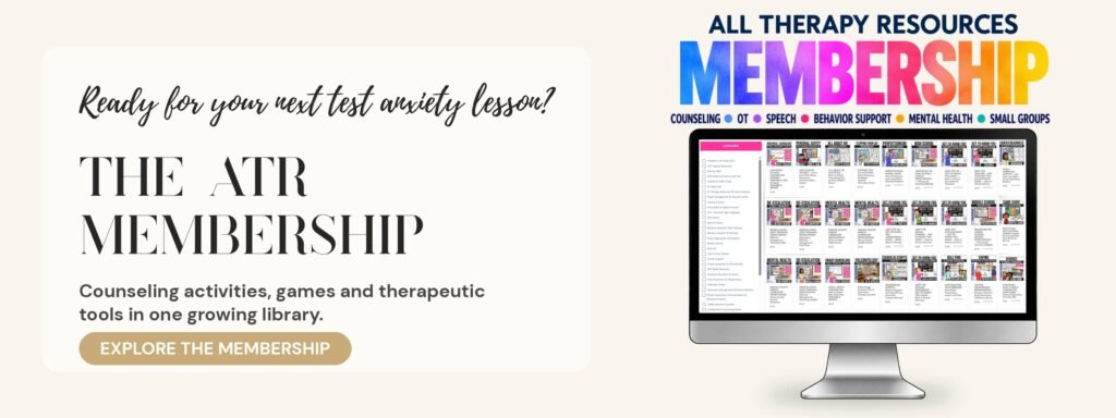 All Therapy Resources Membership: a computer screen showing a growing library of counseling activities, games and therapeutic tools