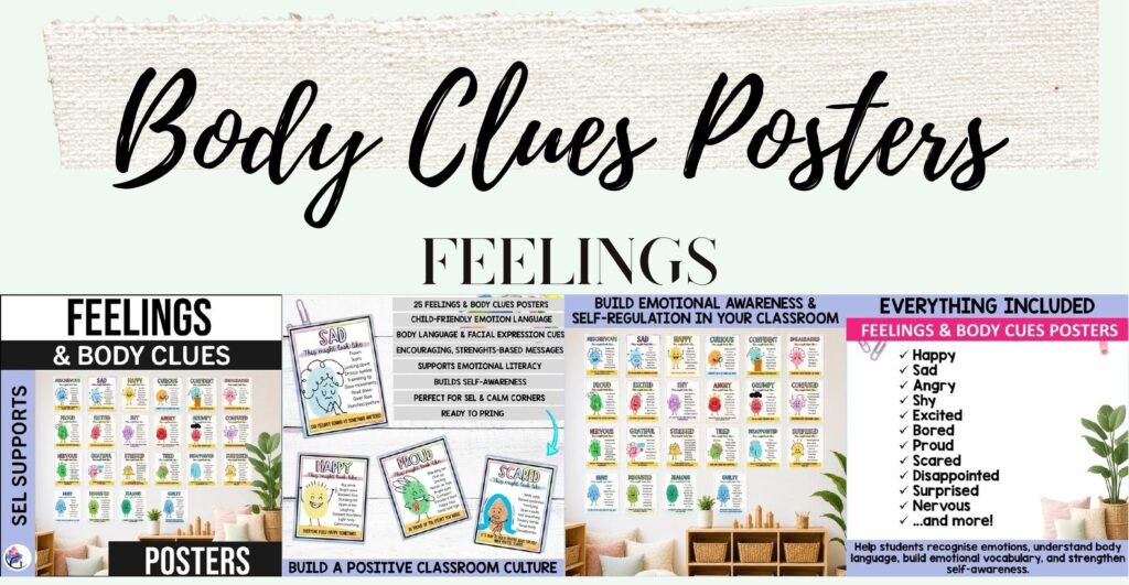 Feelings and Body Clues posters cover and sample pastel emotion posters
