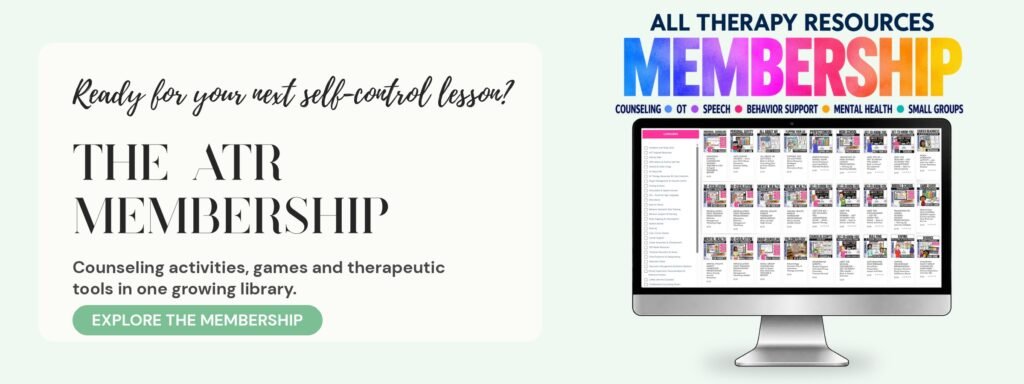 All Therapy Resources Membership: a computer screen showing a library of counseling activities, games and therapeutic tools