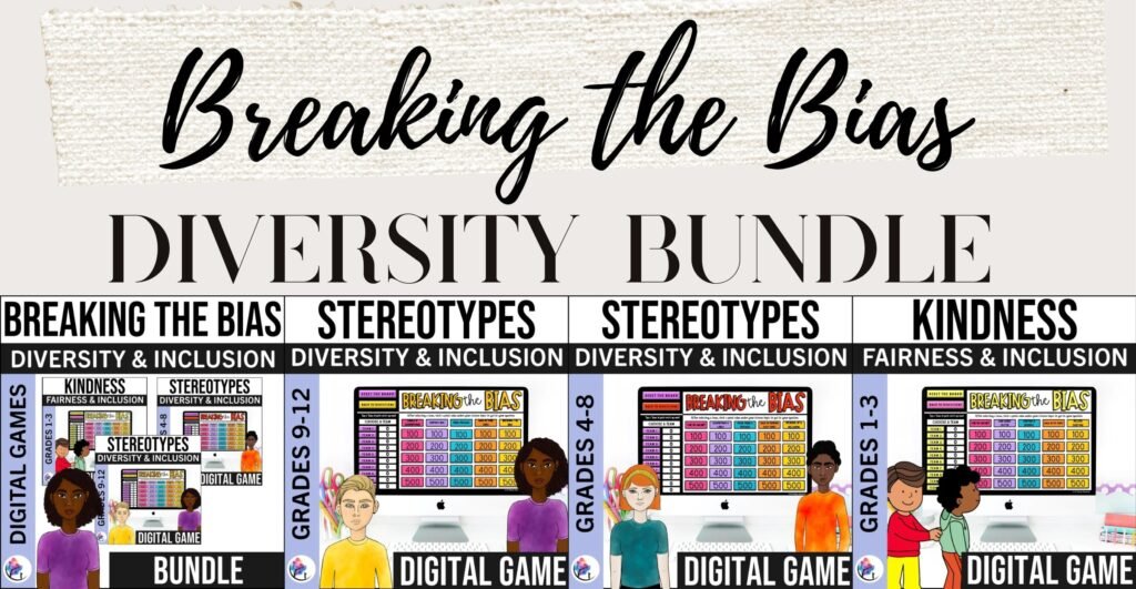 BREAKING THE BIAS: Diversity, Stereotypes & Inclusion Digital Games Bundle from All Therapy Resources: cover and three preview pages