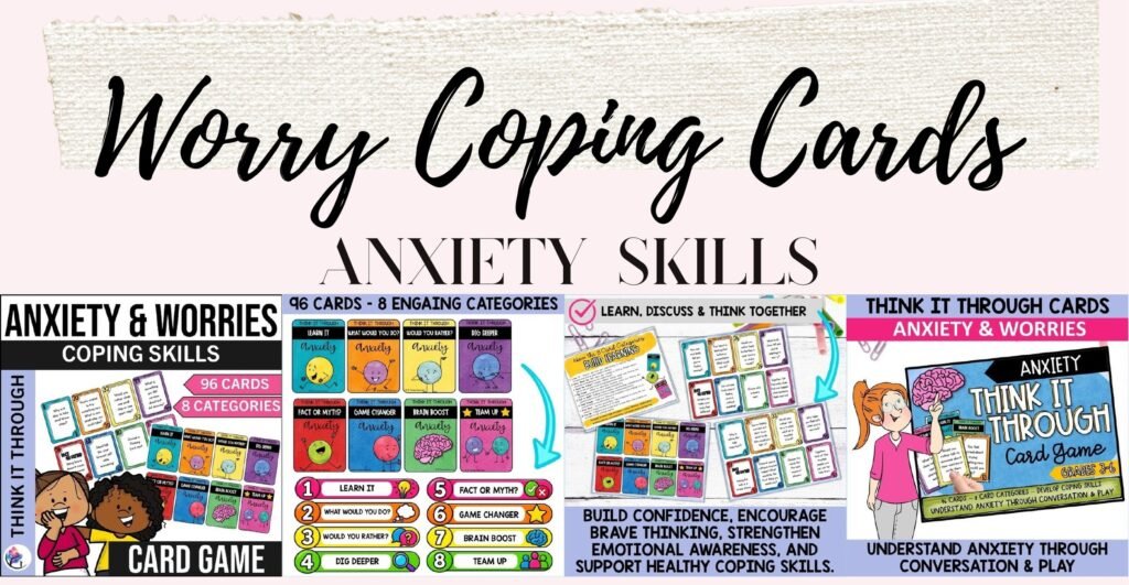 Anxiety and Worry Coping Skills Cards cover and sample conversation cards