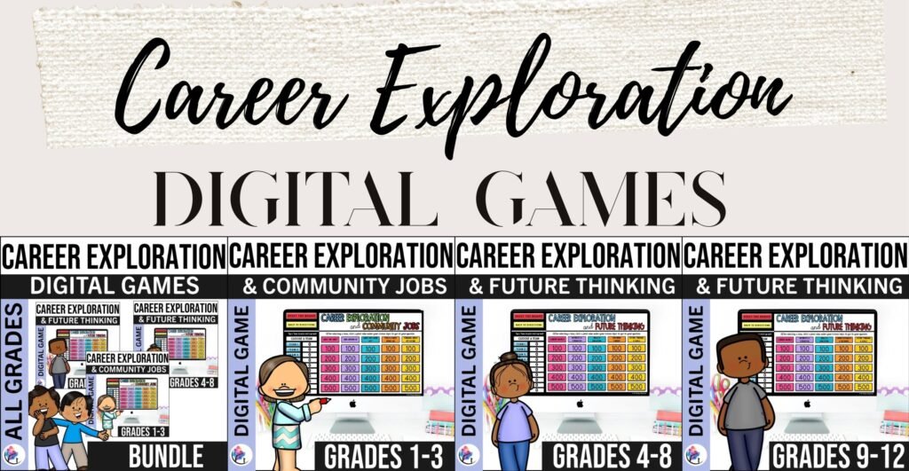 CAREER EXPLORATION DIGITAL GAMES BUNDLE Elementary, Middle & High School Career from All Therapy Resources: cover and three preview pages