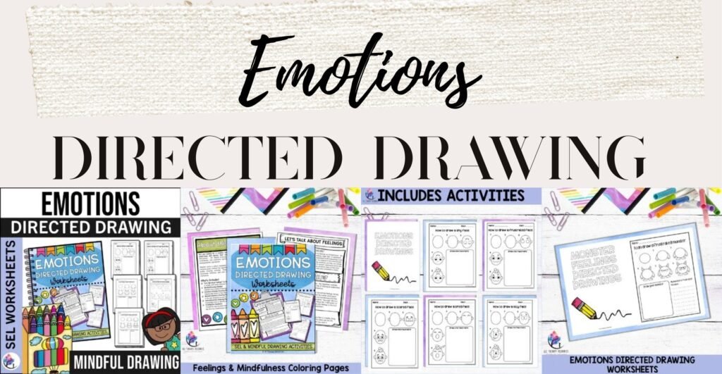 EMOTIONS DIRECTED DRAWING WORKSHEETS from All Therapy Resources: cover and three preview pages