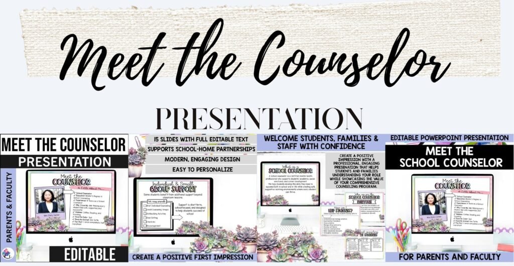 Meet the School Counselor editable pastel presentation cover and sample slides