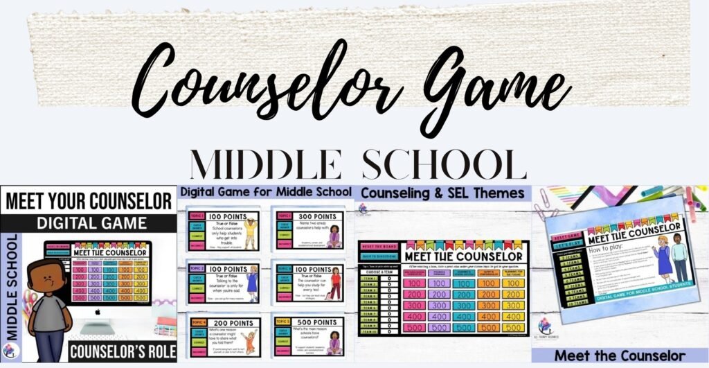 Getting to Know Your School Counselor middle school PowerPoint game cover and sample slides