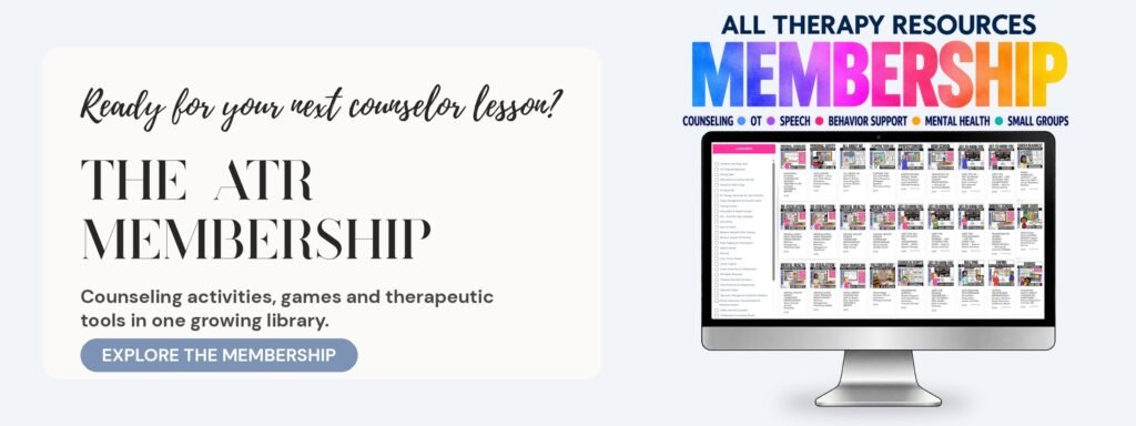 All Therapy Resources Membership: a computer screen showing a library of counseling activities, games and therapeutic tools