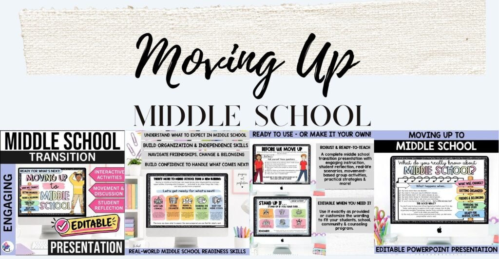 Moving Up to Middle School transition presentation cover and sample slides