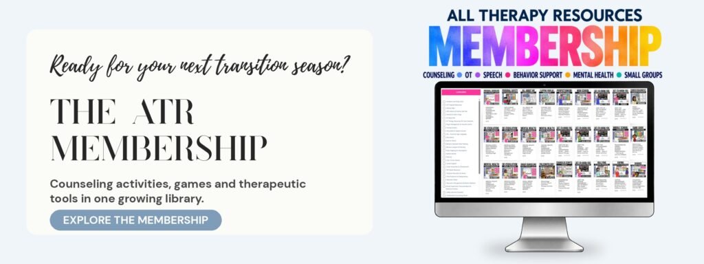 All Therapy Resources Membership: a computer screen showing a library of counseling activities, games and therapeutic tools