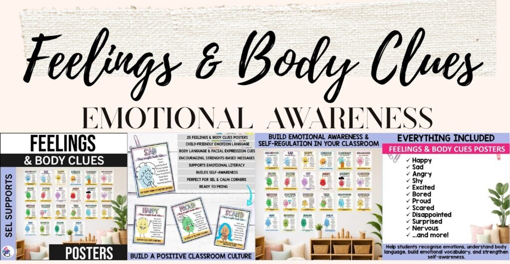 Feelings and Body Clues posters cover and sample emotion posters in pastel watercolor