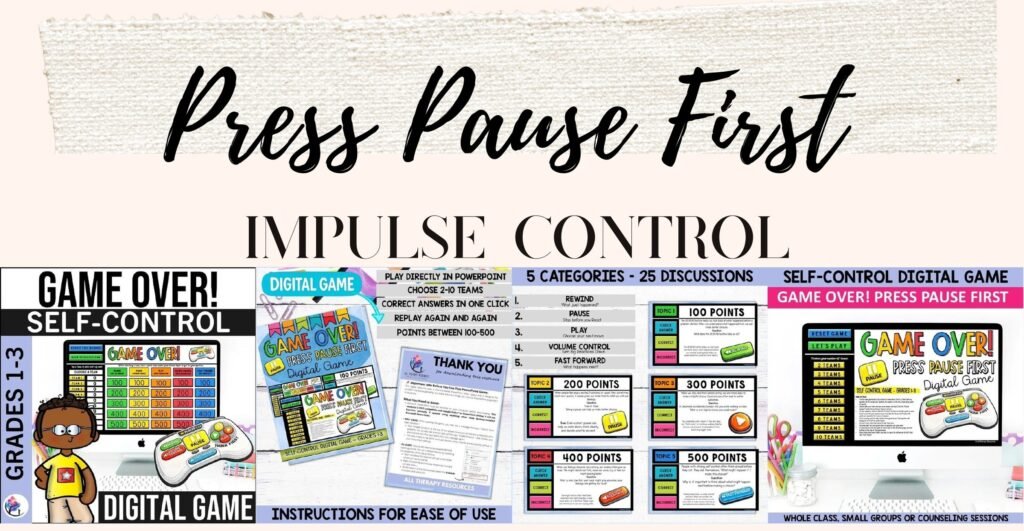 Game Over! Press Pause First impulse control game cover and sample slides