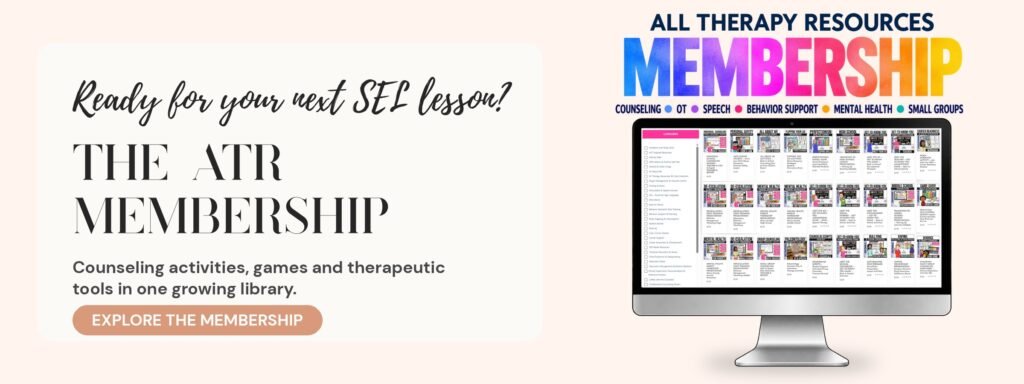 All Therapy Resources Membership: a computer screen showing a library of counseling activities, games and therapeutic tools