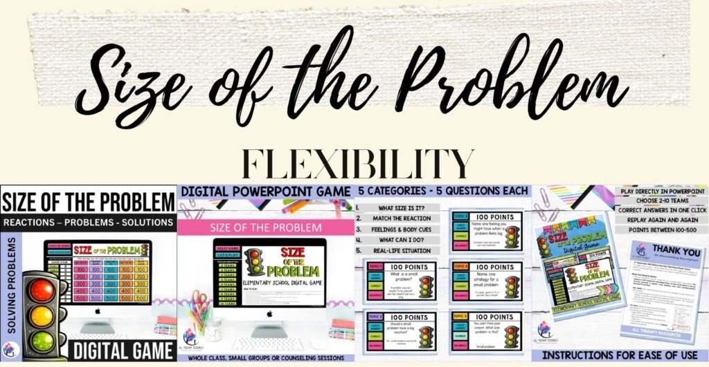 Size of the Problem digital game cover and sample slides for sorting small, medium and big problems
