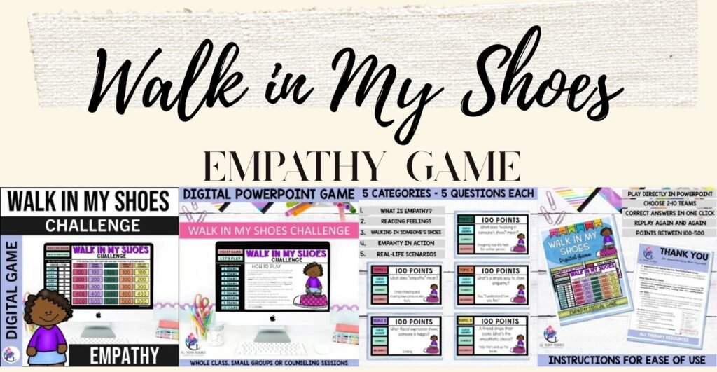 Walk in My Shoes empathy digital game cover and sample game slides