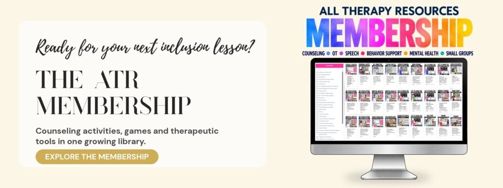 All Therapy Resources Membership: a computer screen showing a library of counseling activities, games and therapeutic tools