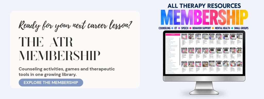 All Therapy Resources Membership: a computer screen showing a library of counseling activities, games and therapeutic tools